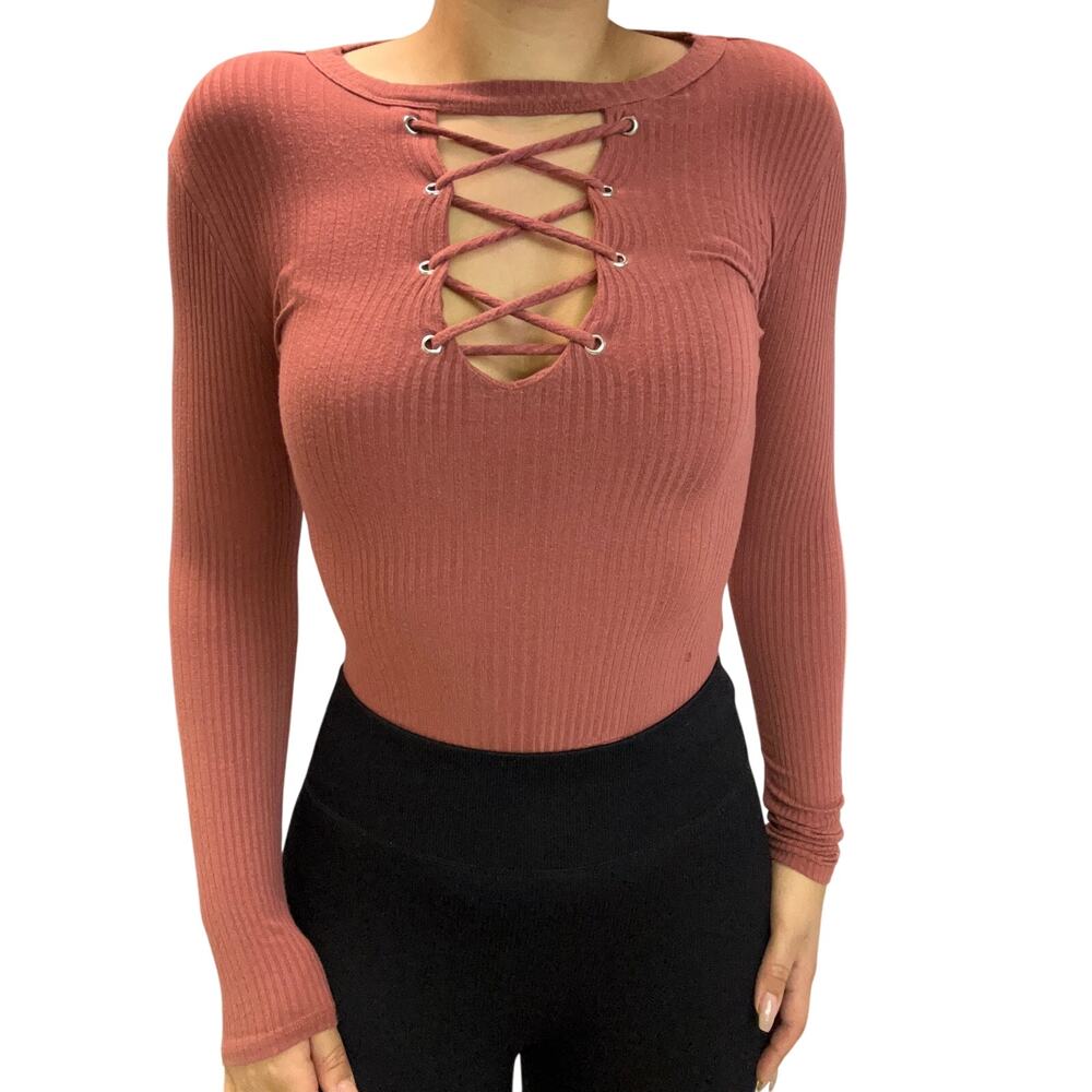 Bodysuit long sleeve with tie detail in front size XS